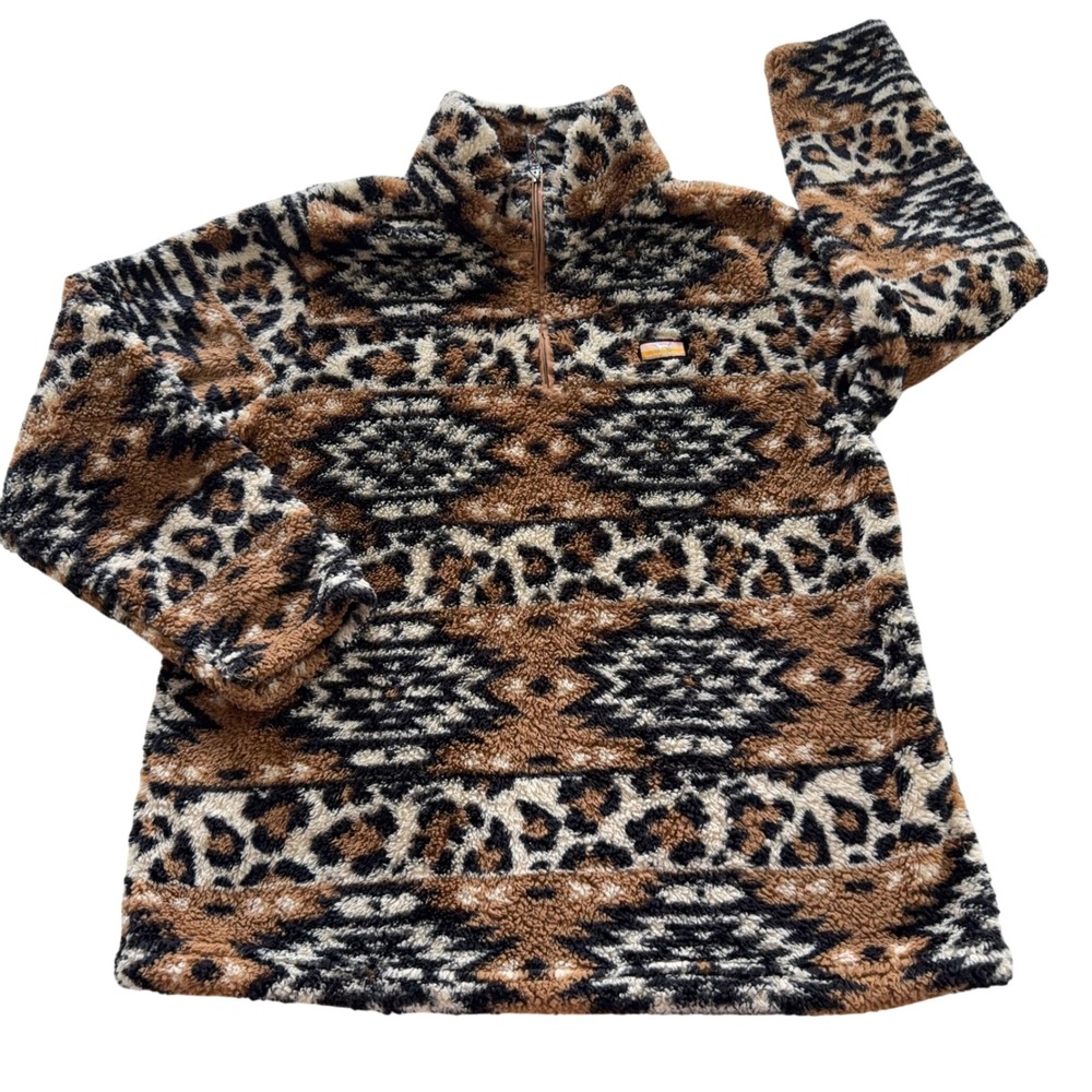 Simply Southern Pullover Women XL Brown Leopard Southwestern Quarter Zip Fleece